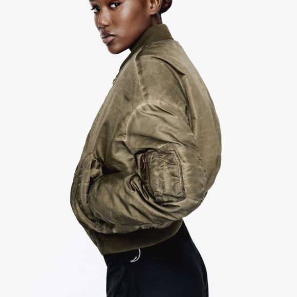 NWT ZARA DISTRESSED EFFECT NYLON BOMBER KHAKI - Picture 3 of 6